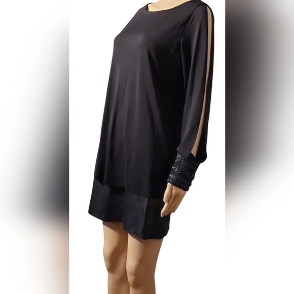 Bailey 44 Mini Layered Sheath Dress Long Sleeves Vegan Leather / Sz S / Black - Picture 3 of 16